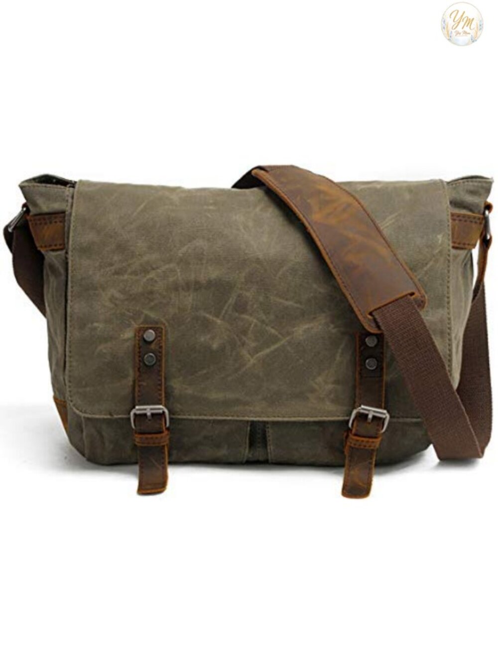 Vintage Genuine Leather Waxed Canvas Messenger Bag for 14" Laptop Rugged